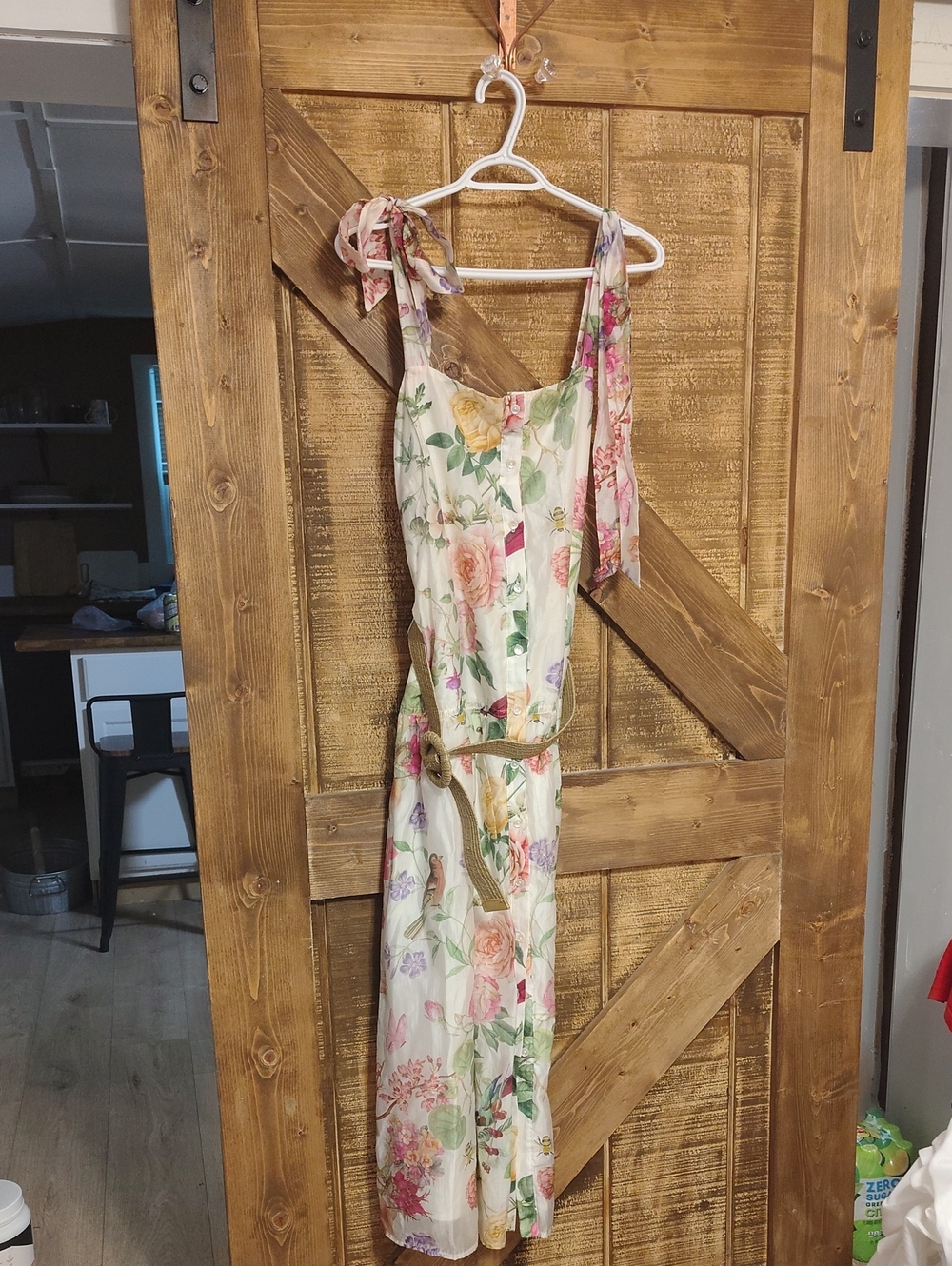 Floral Tie-Shoulder Dress in Cream with Pink & Green Accents